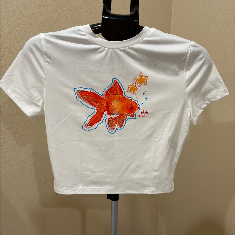 White Crop Top with Vibrant Goldfish Design
